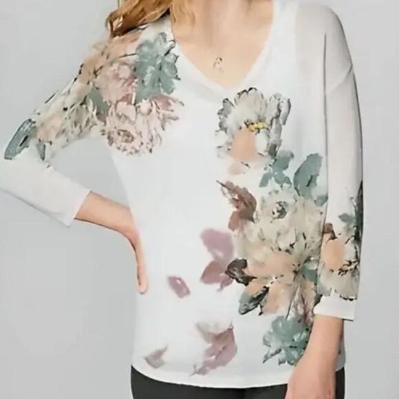 J. Jill Floral Print Linen Blend Relaxed Fit V-Neck Sweater Size M - Picture 2 of 10